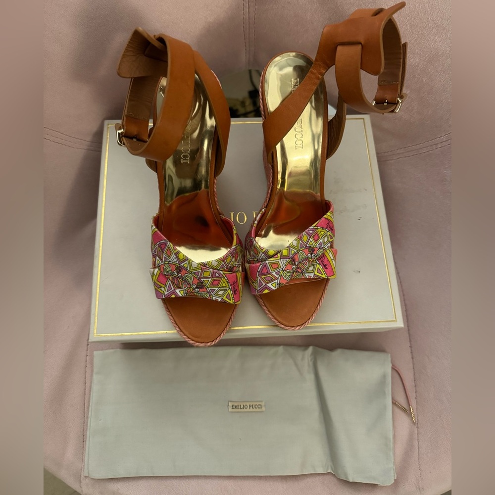 NEW Emilio Pucci Fuchsia Canvas Wedge Sandals with Camel Leather